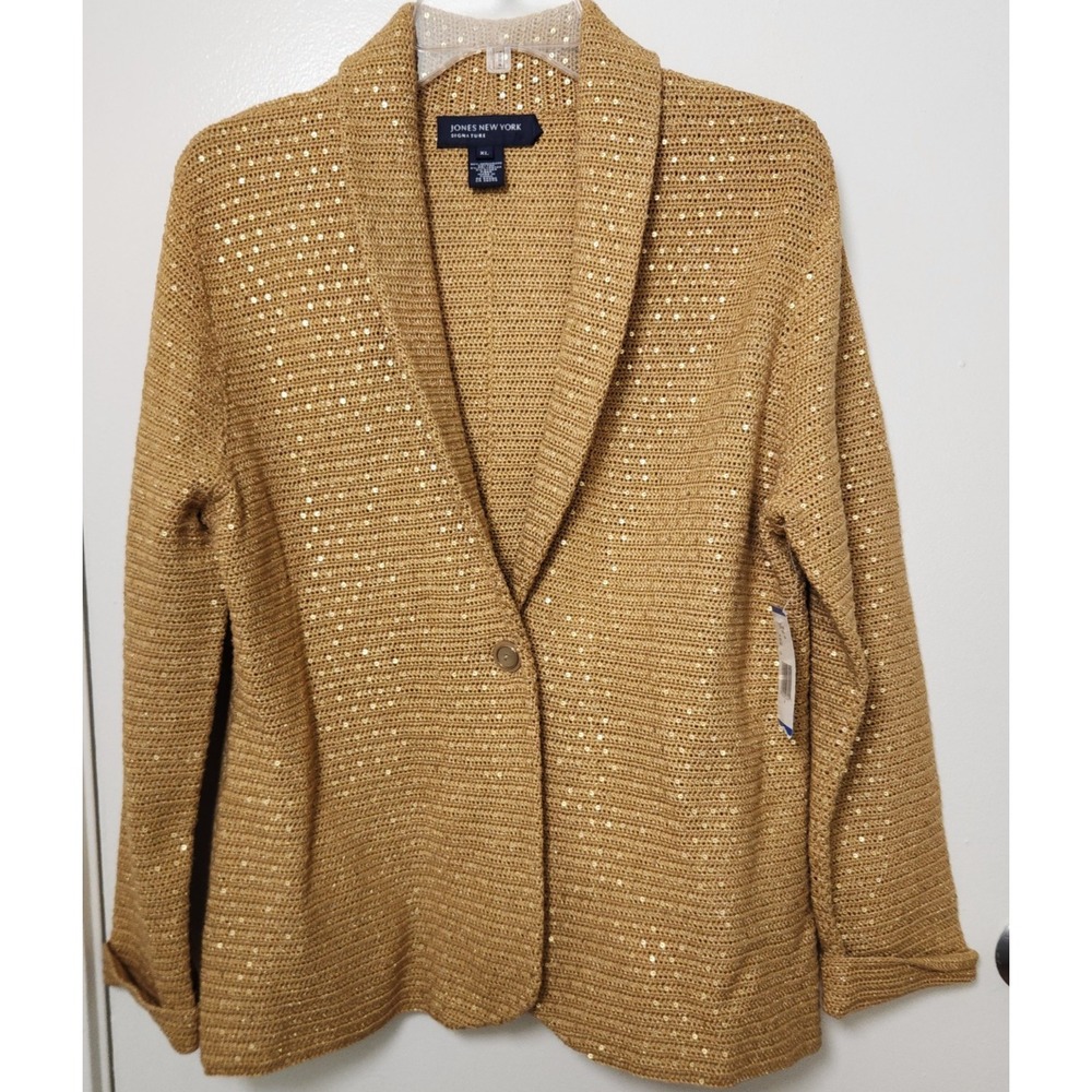 Jones New York Signature Vienna NWT Hand Crochet Gold Knit Blazer XLarge Sparkle